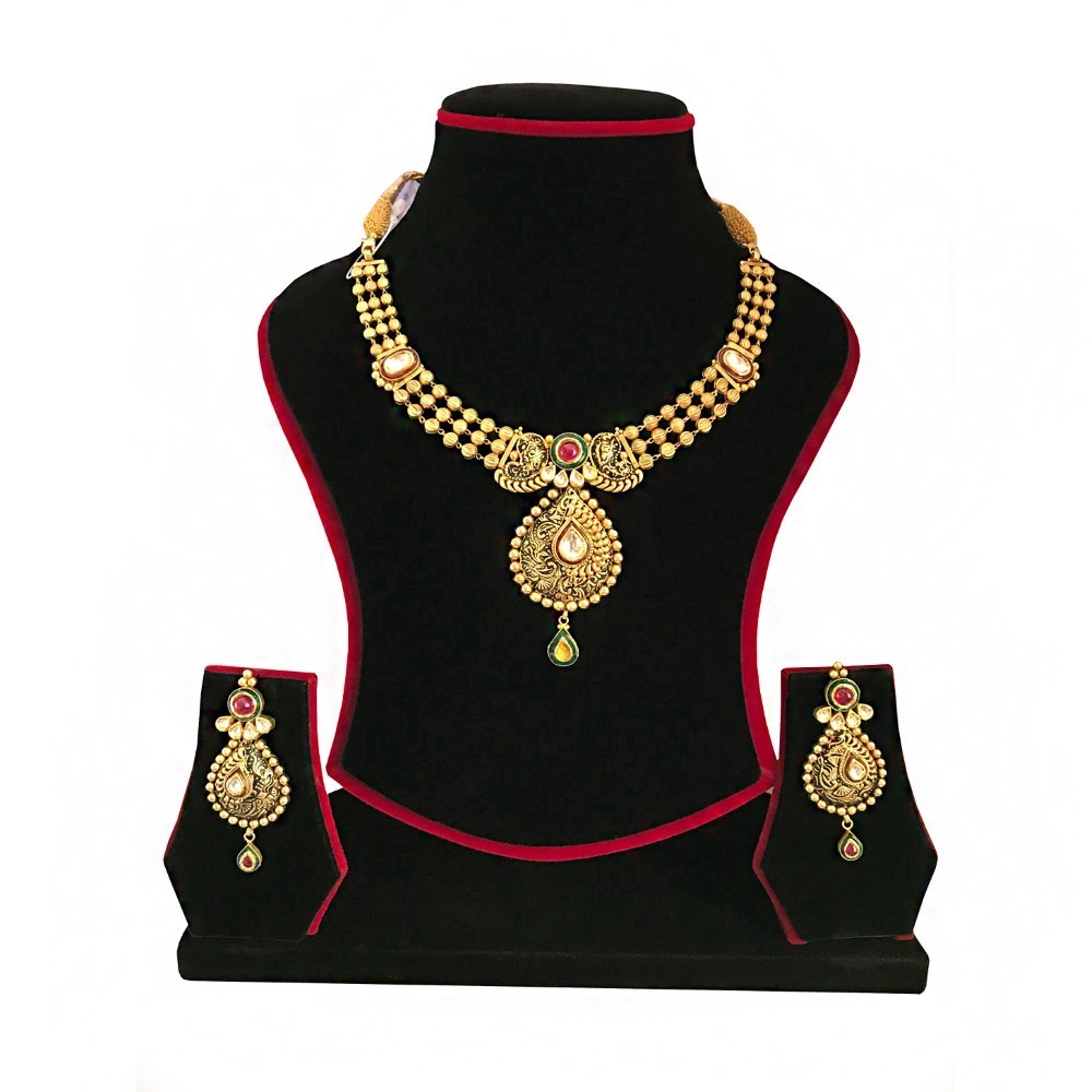 18K Solid Yellow Gold Antique Necklace Earrings Vintage Jewelry Set 46.270 Grams