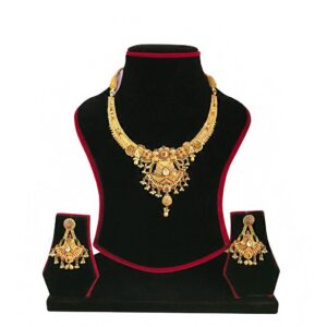 18K Solid Yellow Gold Antique Necklace Earrings Vintage Jewelry Set 47.510 Grams