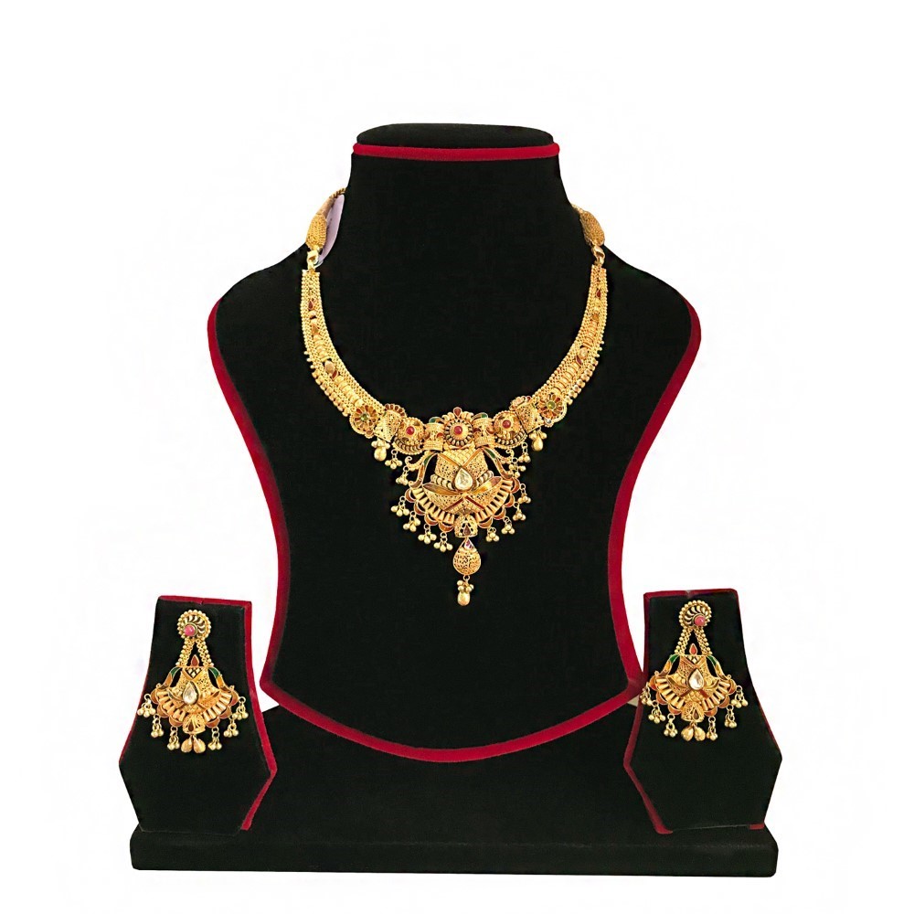 18K Solid Yellow Gold Antique Necklace Earrings Vintage Jewelry Set 47.510 Grams