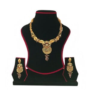 18Kt Solid Yellow Gold Antique Necklace Earrings Women Jewelry Set 49.600 Grams
