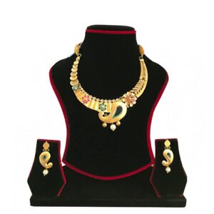 18Kt Solid Yellow Gold Antique Necklace Earrings Set Women Jewelry 42.290 Grams