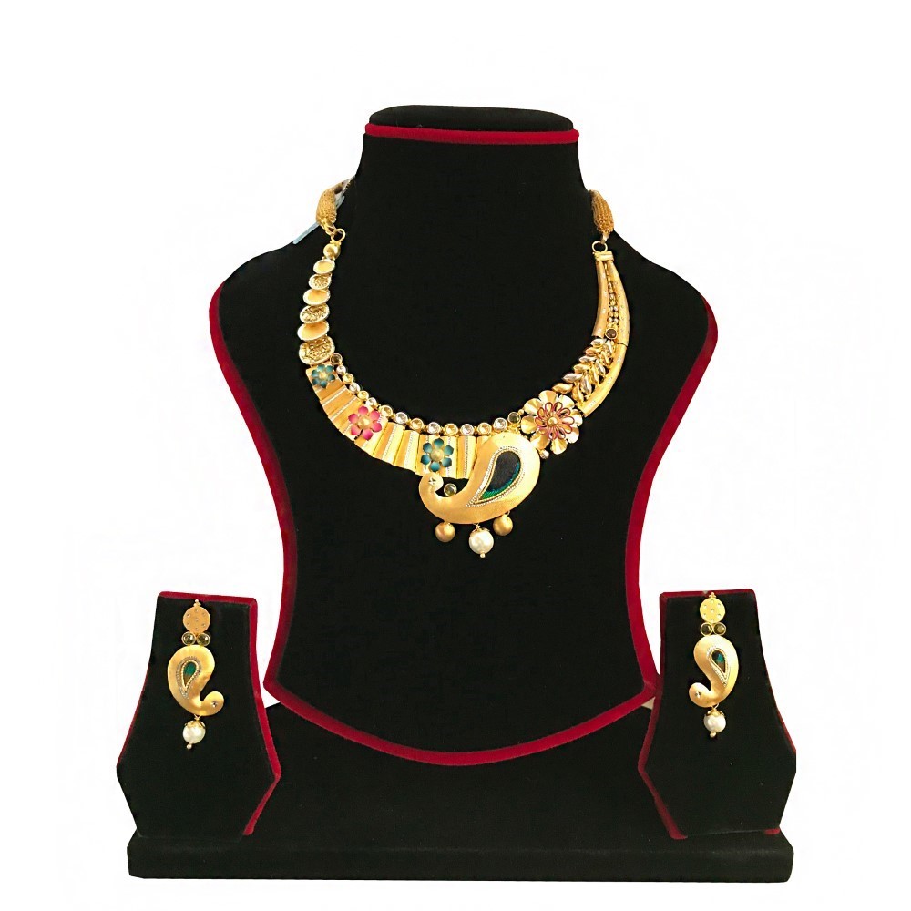 18Kt Solid Yellow Gold Antique Necklace Earrings Set Women Jewelry 42.290 Grams
