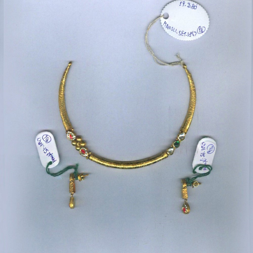 22Kt Fine Solid Yellow Gold Necklace Earrings Women Round Pipe Set 19.380 Grams
