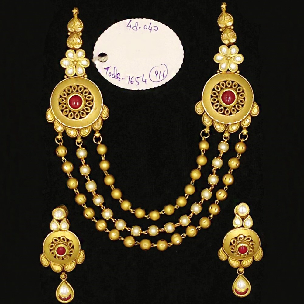 22Kt Solid Yellow Gold Antique Vintage Necklace Earrings Women Set 48.040 Grams