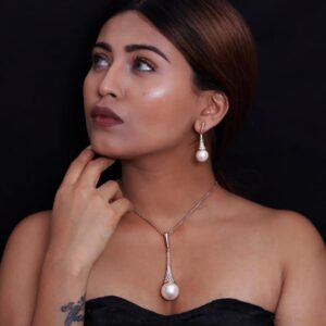 18 Kt Real Solid Hallmark Yellow Gold Pearl Drops Necklace Earrings Women'S Set