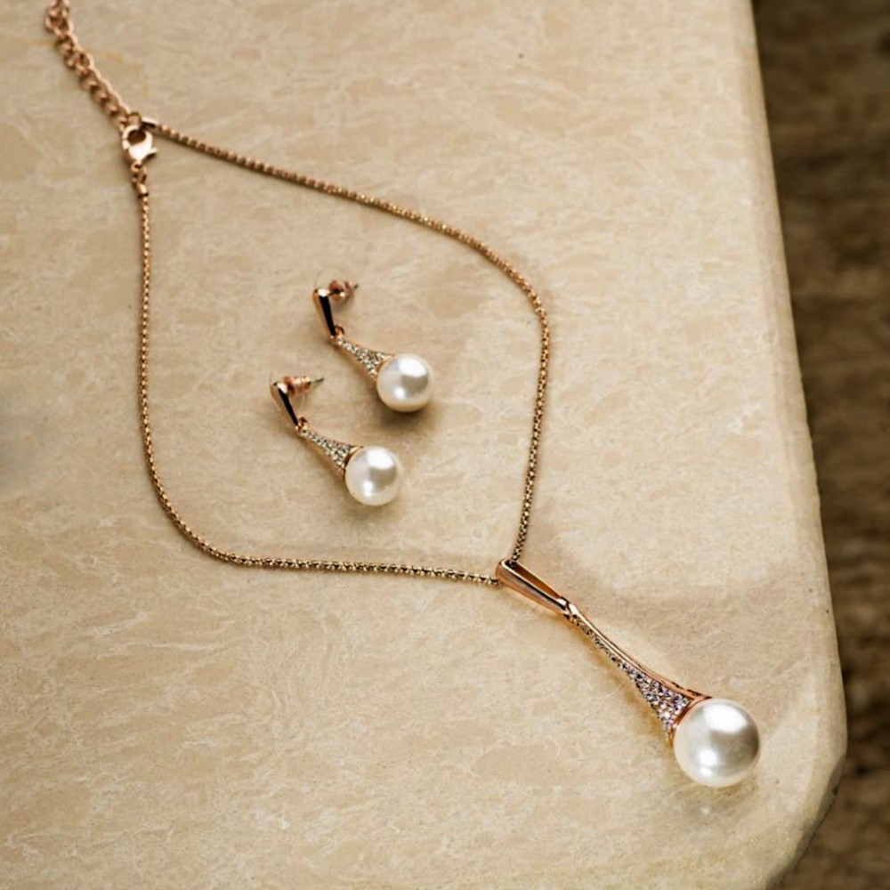 18 Kt Real Solid Hallmark Yellow Gold Pearl Drops Necklace Earrings Women'S Set