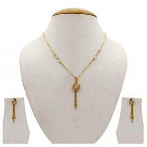 22 Kt Solid Yellow Gold Women's Necklace Jewelry Set Earrings & Chain Pendant CZ