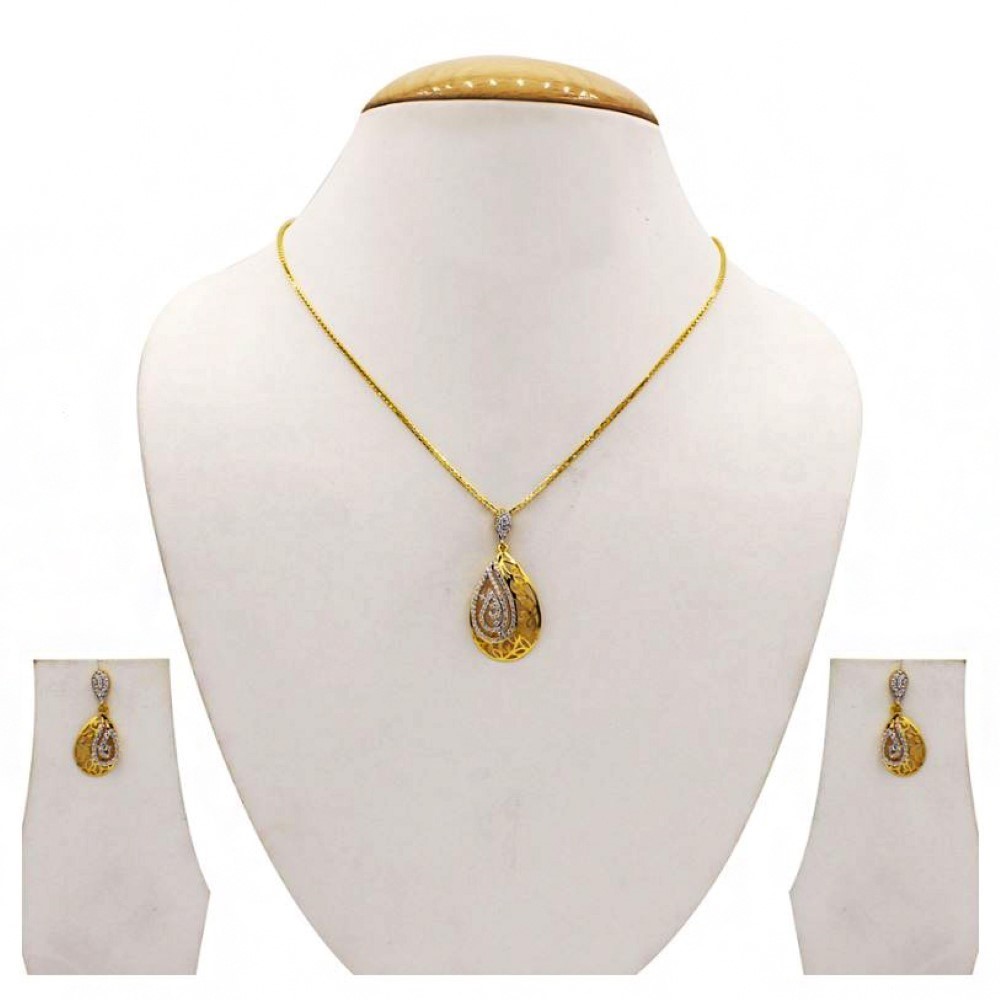 22 Kt Solid Yellow Gold Women's Necklace Jewelry Set Earrings & Chain Pendant CZ