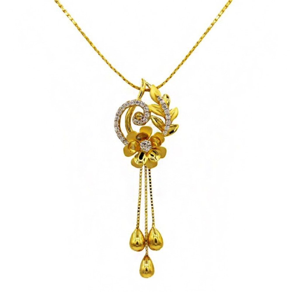 22 Kt Solid Yellow Gold Women's Necklace Jewelry Set Earrings & Chain Pendant CZ - Image 2