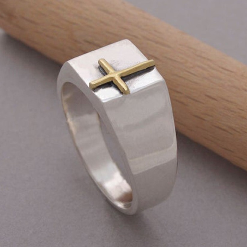 Fine Jewelry 18 Kt Real Solid White Gold Men'S Cross Ring Size 8-13