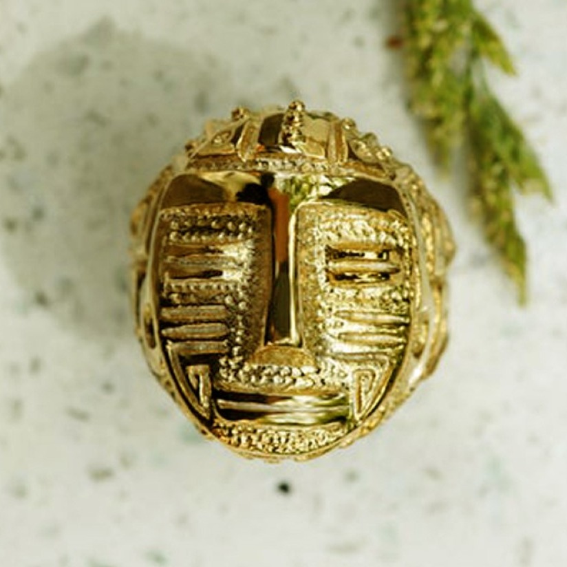 22 Kt  Solid Yellow Gold Aztec Statement Signet Men'S Ring Size 7-11