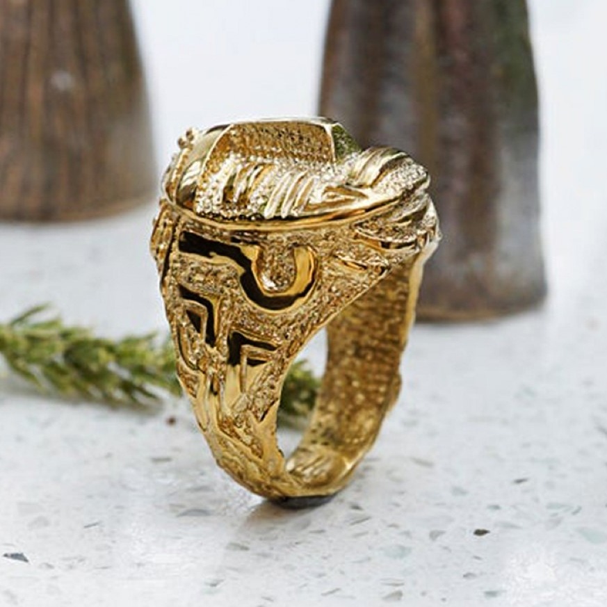 22 Kt  Solid Yellow Gold Aztec Statement Signet Men'S Ring Size 7-11