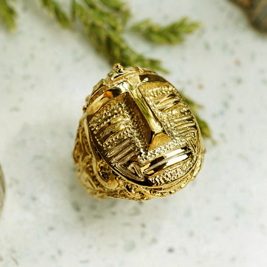 22 Kt Solid Yellow Gold Aztec Statement Signet Men'S Ring Size 7-11