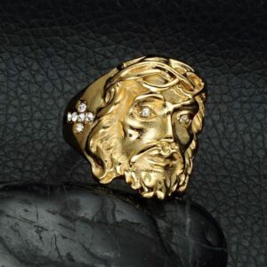 18 Kt Solid Yellow Gold Christ Jesus Head Piece Men'S Ring Size 7-11