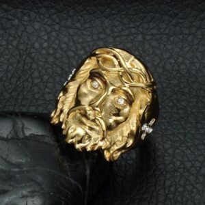 18 Kt Solid Yellow Gold Christ Jesus Head Piece Men'S Ring Size 7-11