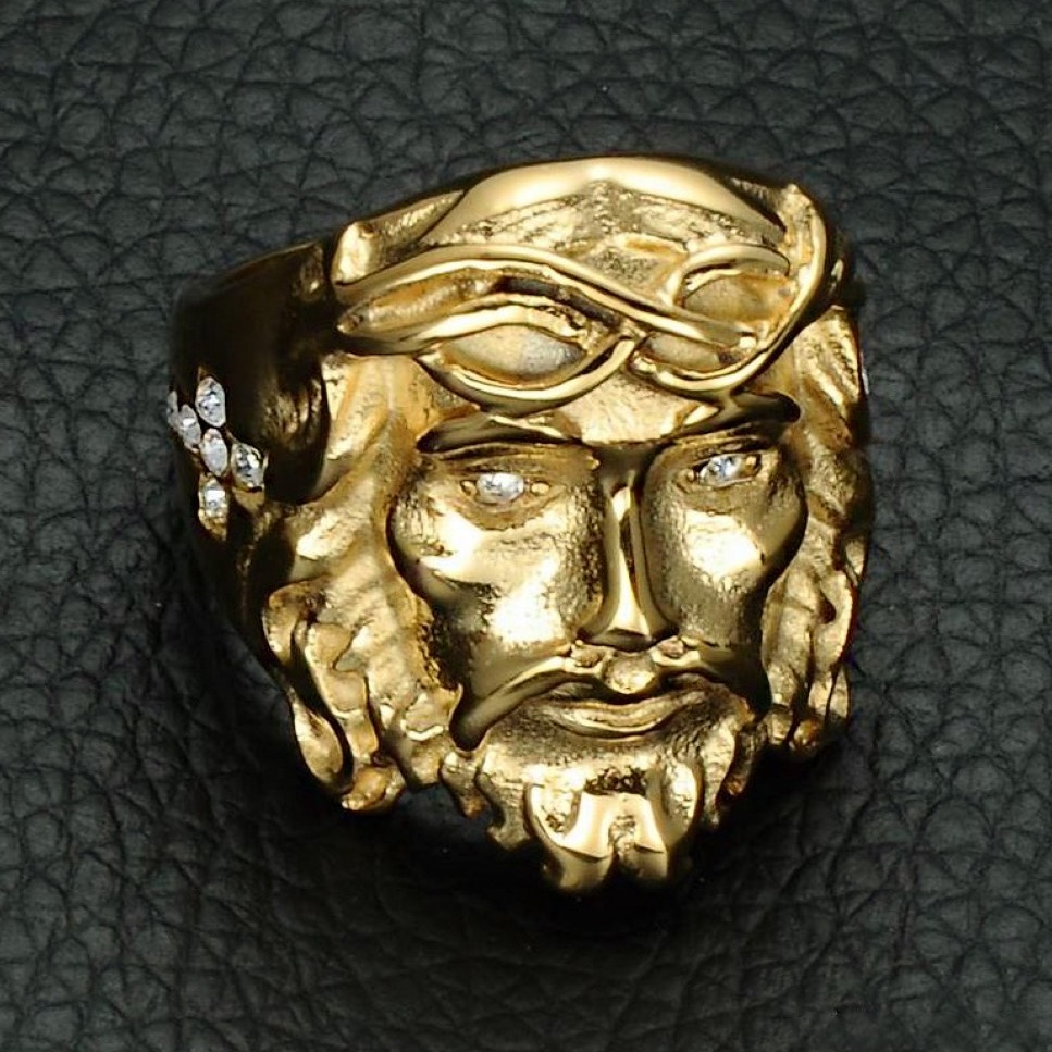 18 Kt  Solid Yellow Gold Christ Jesus Head Piece Men'S Ring Size 7-11
