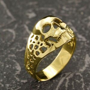 18 Kt Real Solid Yellow Gold Skull Signet Men'S Unique Ring Size 8-13