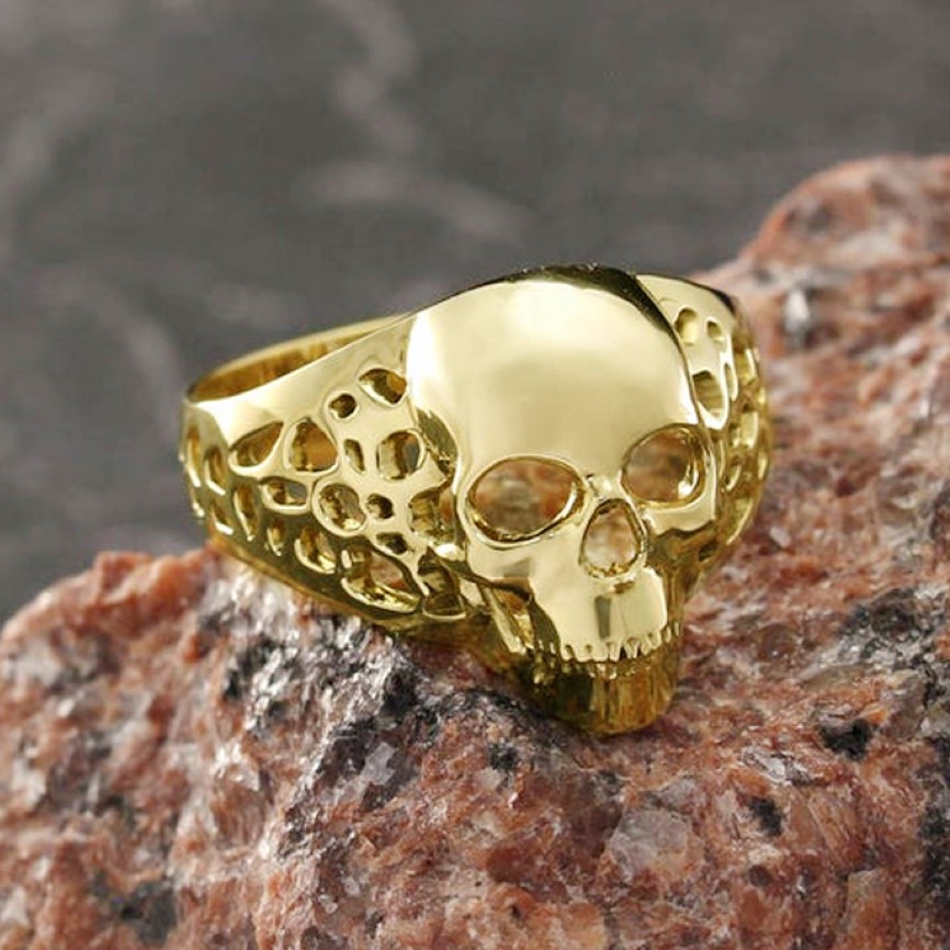 18 Kt Real Solid Yellow Gold Skull Signet Men'S Unique Ring Size 8-13