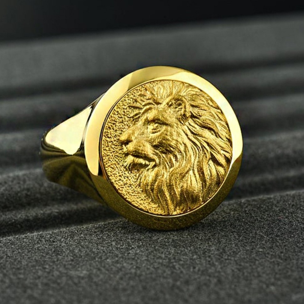 18 Kt Real Solid Yellow Gold Africa Lion Men'S Signet Ring Size 8-13