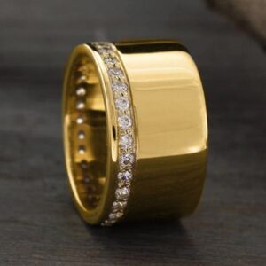 18 Kt Yellow Gold Traditional Women Wide Wedding Band CZ Ring 12 MM