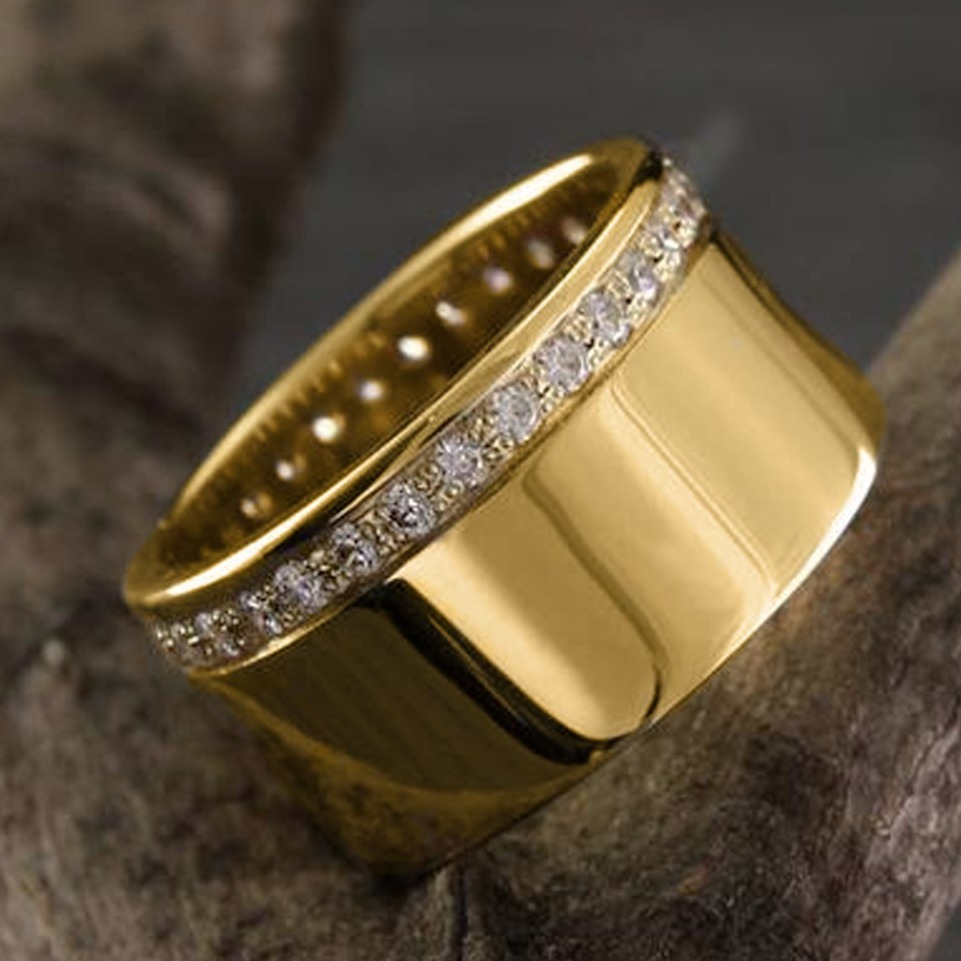 18 Kt   Yellow Gold Traditional Women Wide Wedding Band CZ Ring 12 MM