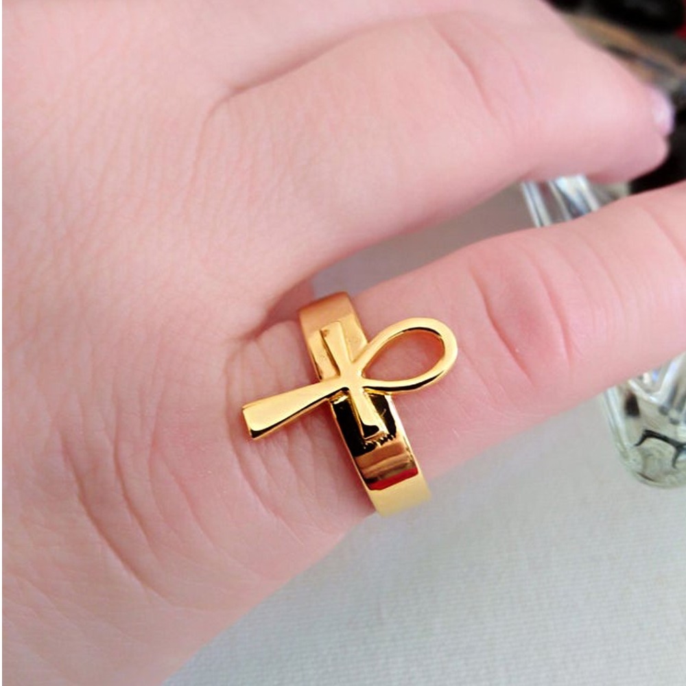 22 Kt Real Solid Yellow Gold Ankh Cross Unisex Egyptian Ring Size 7-12