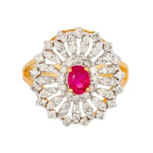 0.85 Ct White Round Cut Real Diamonds 18 Kt Yellow Gold Engagement Ruby Ring