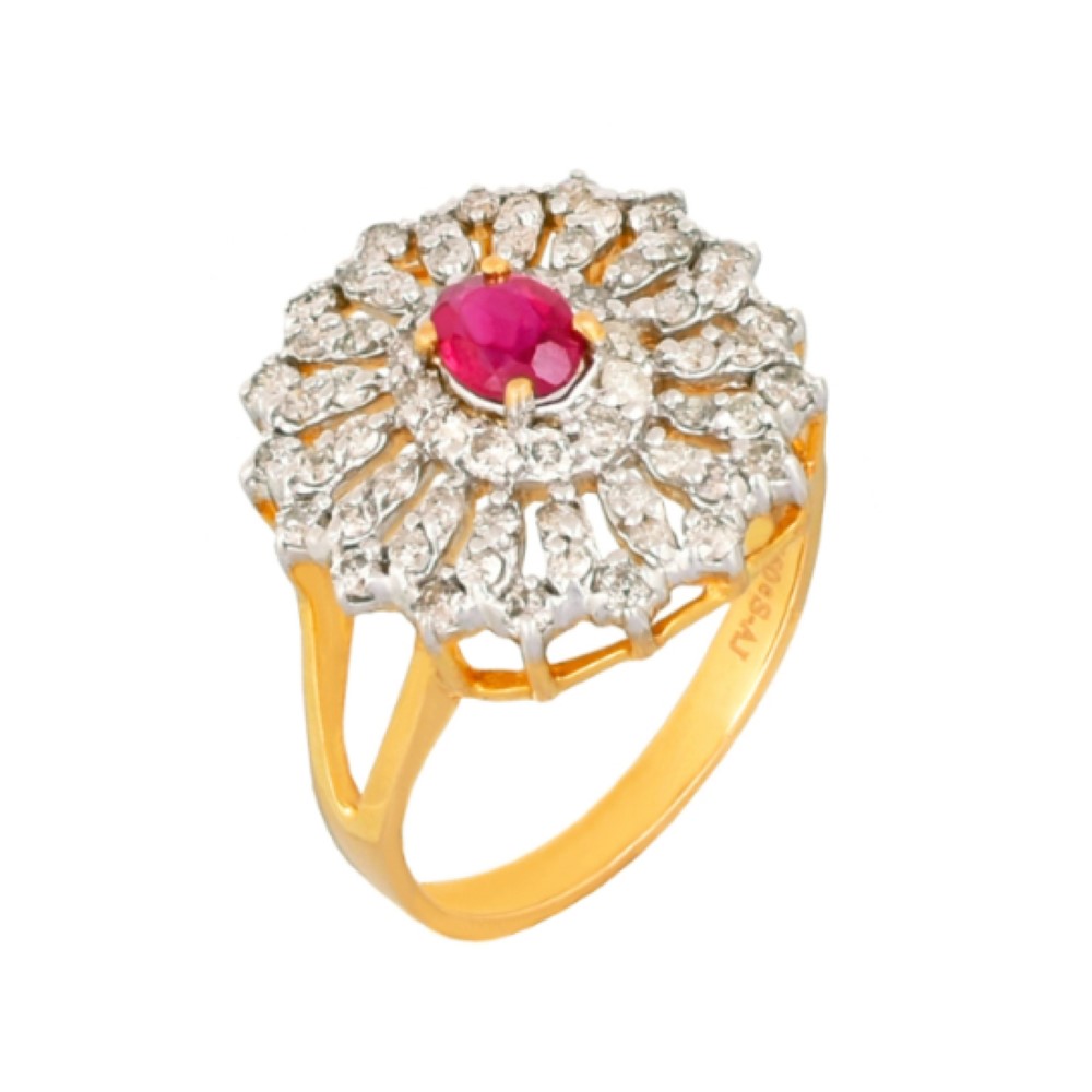 0.85 Ct White Round Cut Real Diamonds 18 Kt Yellow Gold Engagement Ruby Ring