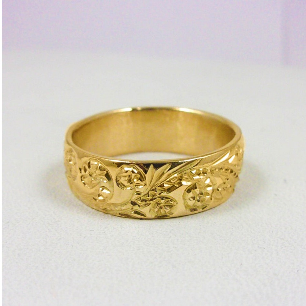 18 Kt Yellow Gold Hand Engraved Hawaiian Scroll Women'S Band Ring 6MM - Image 3