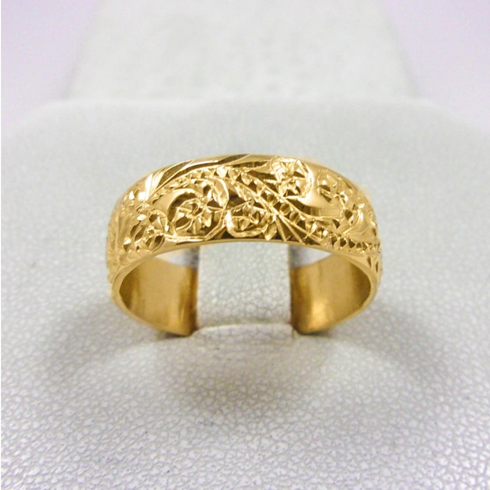 18 Kt Yellow Gold Hand Engraved Hawaiian Scroll Women'S Band Ring 6MM - Image 2