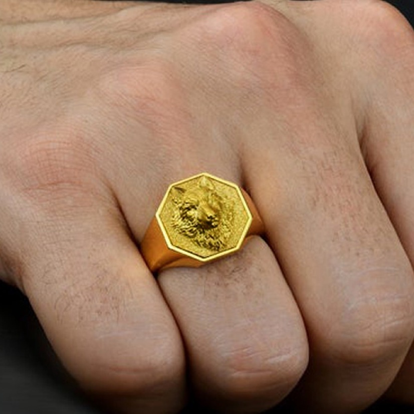 Fine Jewelry 18 Kt  Solid Yellow Gold Wolf Head Men'S Ring Size 8-12