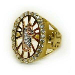 18 Kt Real Solid Yellow Gold Saint Judas Cross CZ Men'S Ring Size 8-12