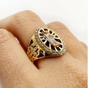 18 Kt Real Solid Yellow Gold Saint Judas Cross CZ Men'S Ring Size 8-12
