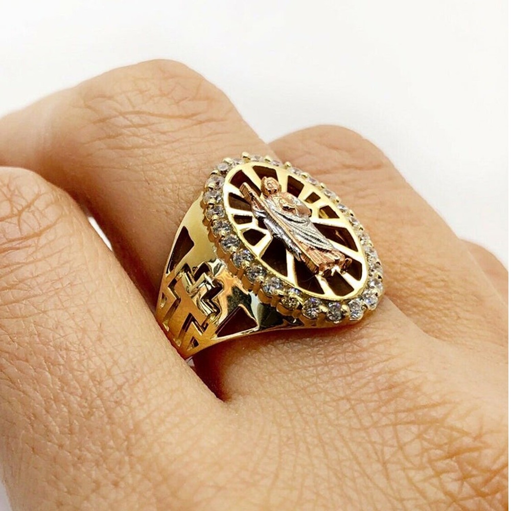 18 Kt Real Solid Yellow Gold Saint Judas Cross CZ Men'S Ring Size 8-12