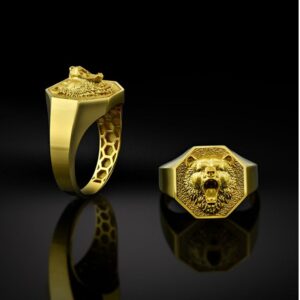 Fine Jewelry 18 Kt Solid Yellow Gold Bear Head Men'S Ring Size 8-12