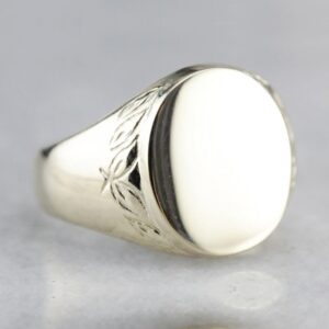 14 Kt Hallmark Solid White Gold Etched Signet Men'S Ring Size 8-12