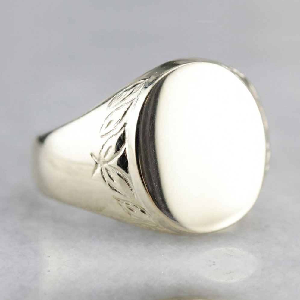 14 Kt Hallmark Solid White Gold Etched Signet Men'S Ring Size 8-12 - Image 4