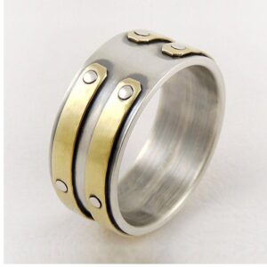 18 Kt Real Solid White & Yellow Gold Rustic Band Men'S Ring Size 8-13