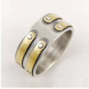 18 Kt Real Solid White & Yellow Gold Rustic Band Men'S Ring Size 8-13