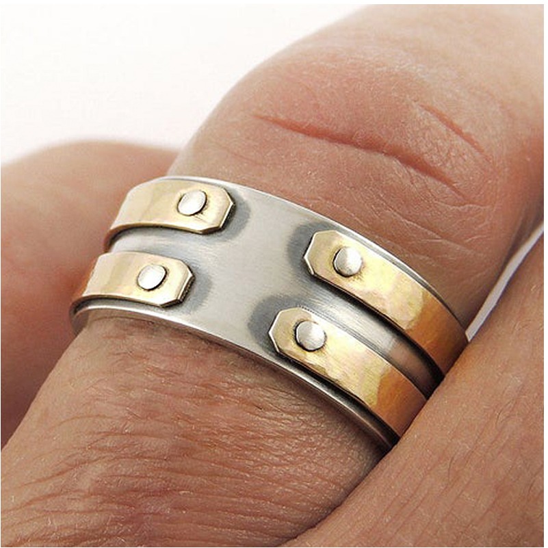 18 Kt Real Solid White & Yellow Gold Rustic Band Men'S Ring Size 8-13