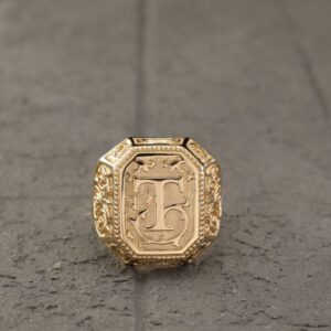 18 Kt Yellow Gold Letter Personalized Initial Signet Men'S Ring 14 Gm