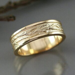 18 Kt   Yellow Gold Tree Branch Bark Texture Men'S Band Ring 7 Gms 6MM
