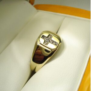 18 Kt Genuine   Yellow Gold Cross Zircon CZ Signet Men'S Ring 8 Grams