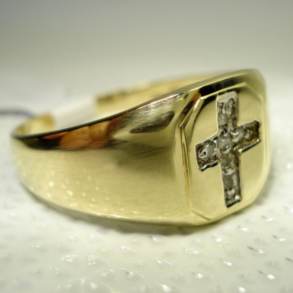 18 Kt Genuine   Yellow Gold Cross Zircon CZ Signet Men'S Ring 8 Grams