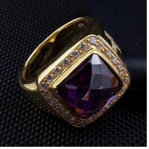 18 Kt  Yellow Gold Cross Amethyst Zircon CZ Signet Men'S Ring 14 Grams