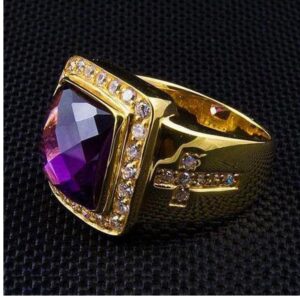 18 Kt  Yellow Gold Cross Amethyst Zircon CZ Signet Men'S Ring 14 Grams