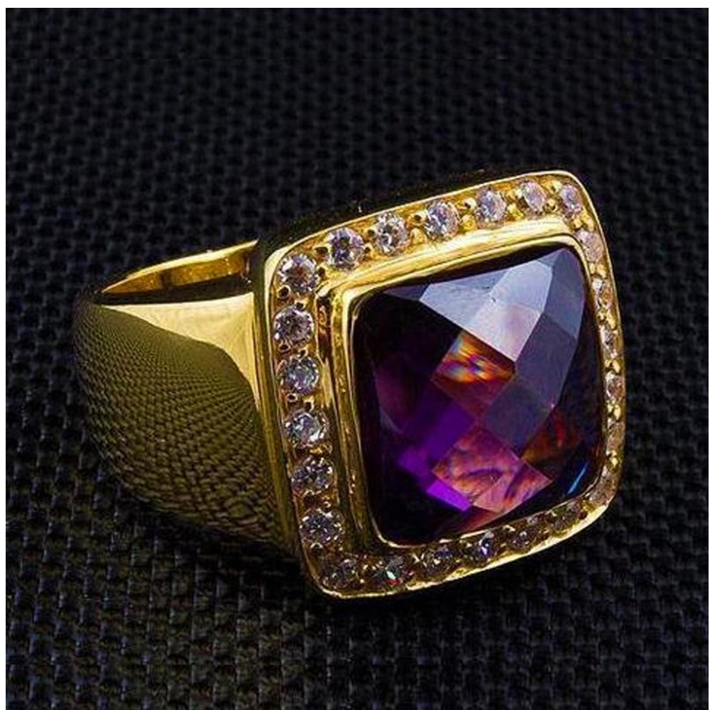18 Kt  Yellow Gold Cross Amethyst Zircon CZ Signet Men'S Ring 14 Grams