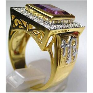 18 Kt  Yellow Gold Cross Amethyst Zircon CZ Signet Men'S Ring 16 Grams