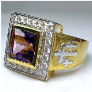 18 Kt  Yellow Gold Cross Amethyst Zircon CZ Signet Men'S Ring 16 Grams