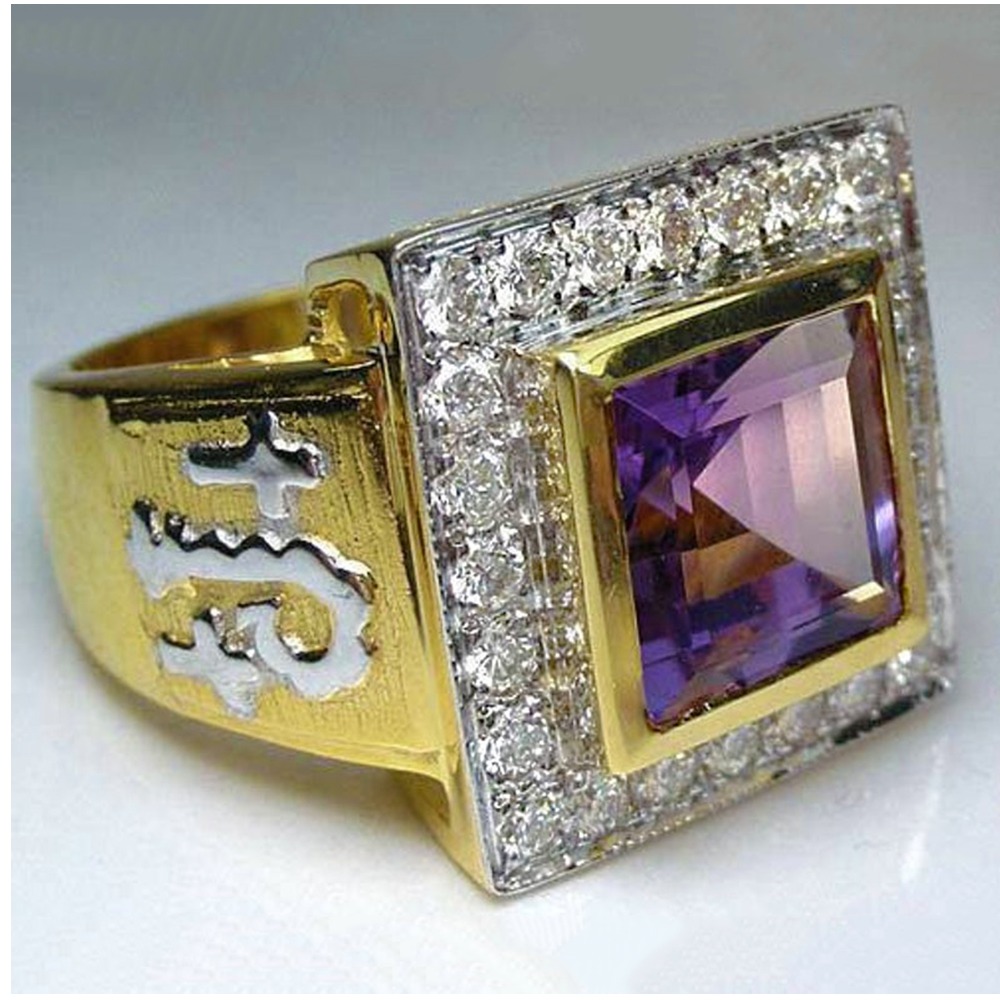 18 Kt  Yellow Gold Cross Amethyst Zircon CZ Signet Men'S Ring 16 Grams